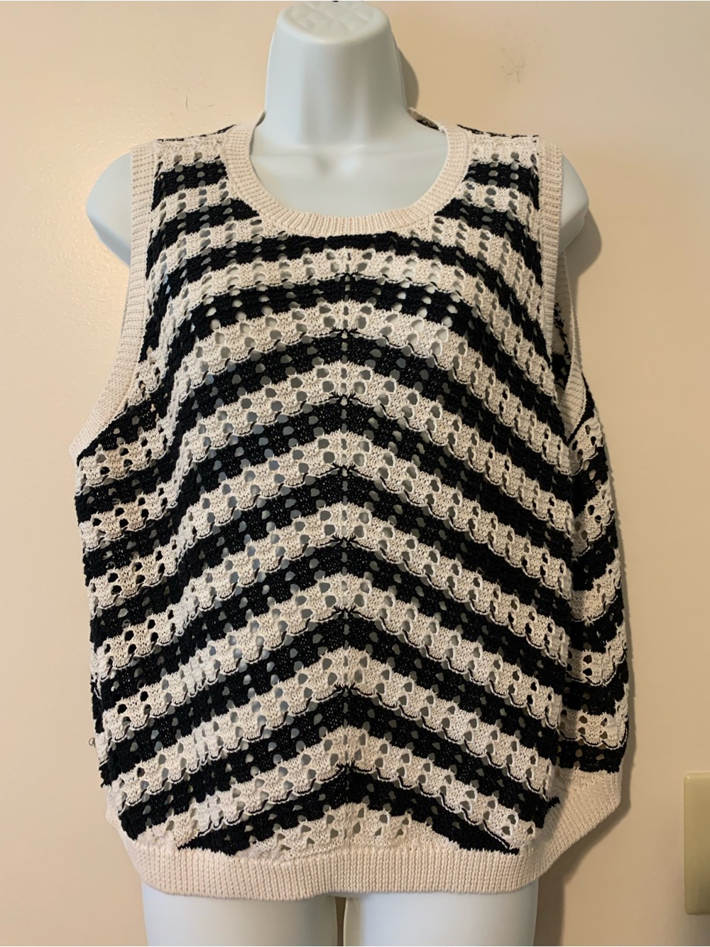 a new day Black and Cream Striped Crochet Knit Tank Top